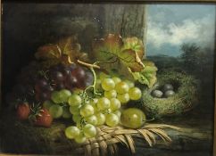 CHARLES STUART “Grapes, strawberry and nest of eggs on a ledge”, oil on board, signed lower left,