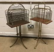 A circa 1900 mahogany and brass wirework four section revolving magazine stand on tripod base, 38.