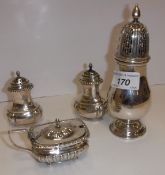 A collection of small silver wares to include a baluster shaped sugar caster (by Alexander Scott,