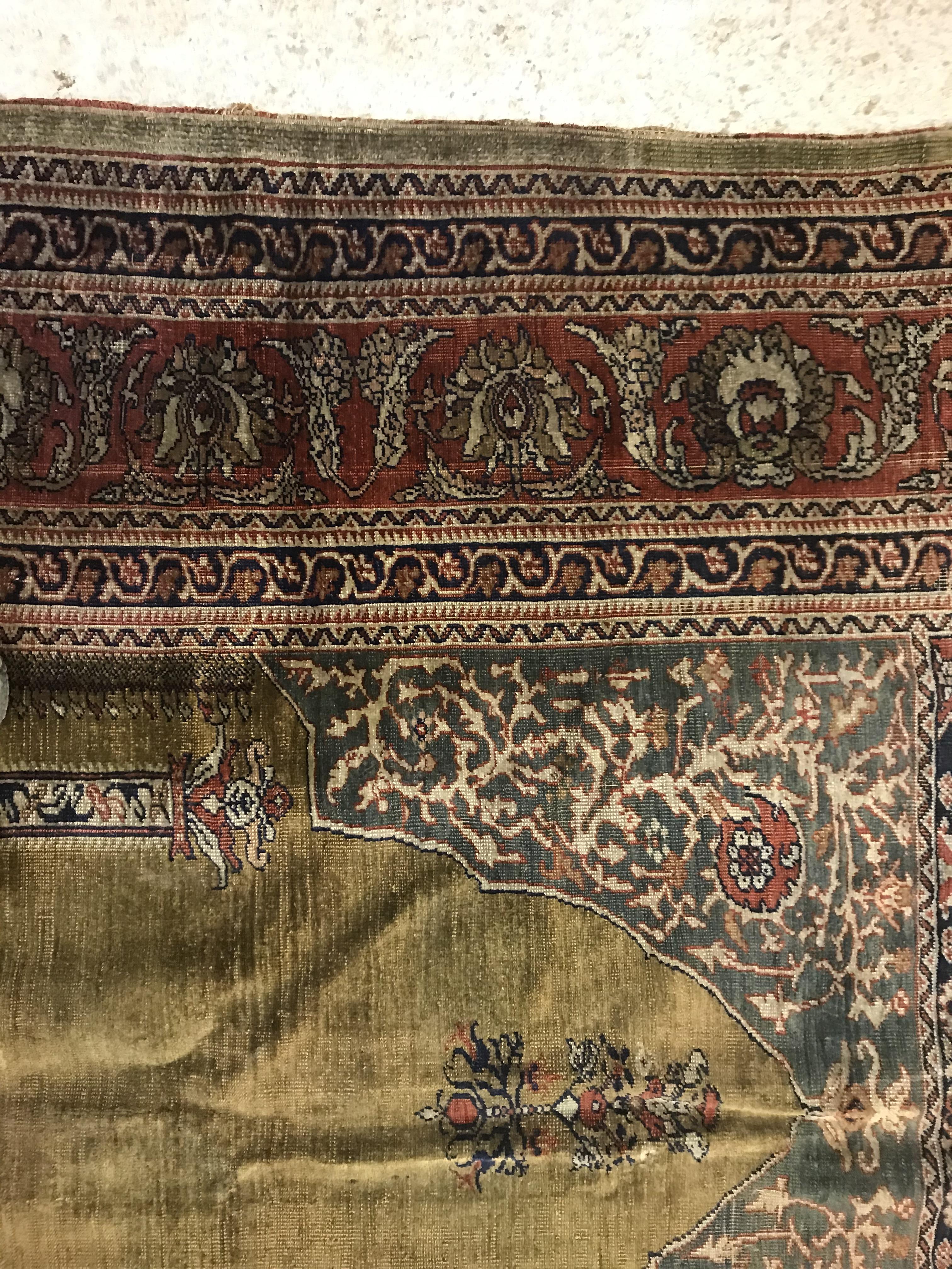 A late 19th Century Ghiordis, West Anatolia silk prayer rug with Mirhab design on a green ground, - Image 6 of 17