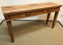 A modern Chinese cherry wood two drawer side table or altar table on square tapered legs, 150 cm