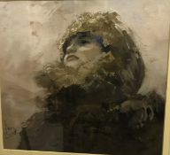 IAN LUCK “Young woman in fur cape”, watercolour heightened with white and body colour, signed