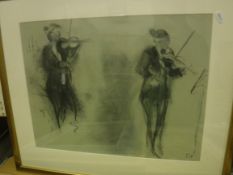 CLARE INSKIP “Sketch III The Violinist”, charcoal and chalk, monogrammed lower right, inscribed on