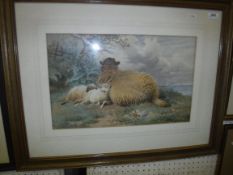 THOMAS GEORGE COOPER “Ewe and lambs with coastal scene in background”, watercolour heightened with