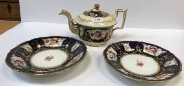 A 19th Century Staffordshire pottery part tea set, royal blue banded and gilt lined with panels of