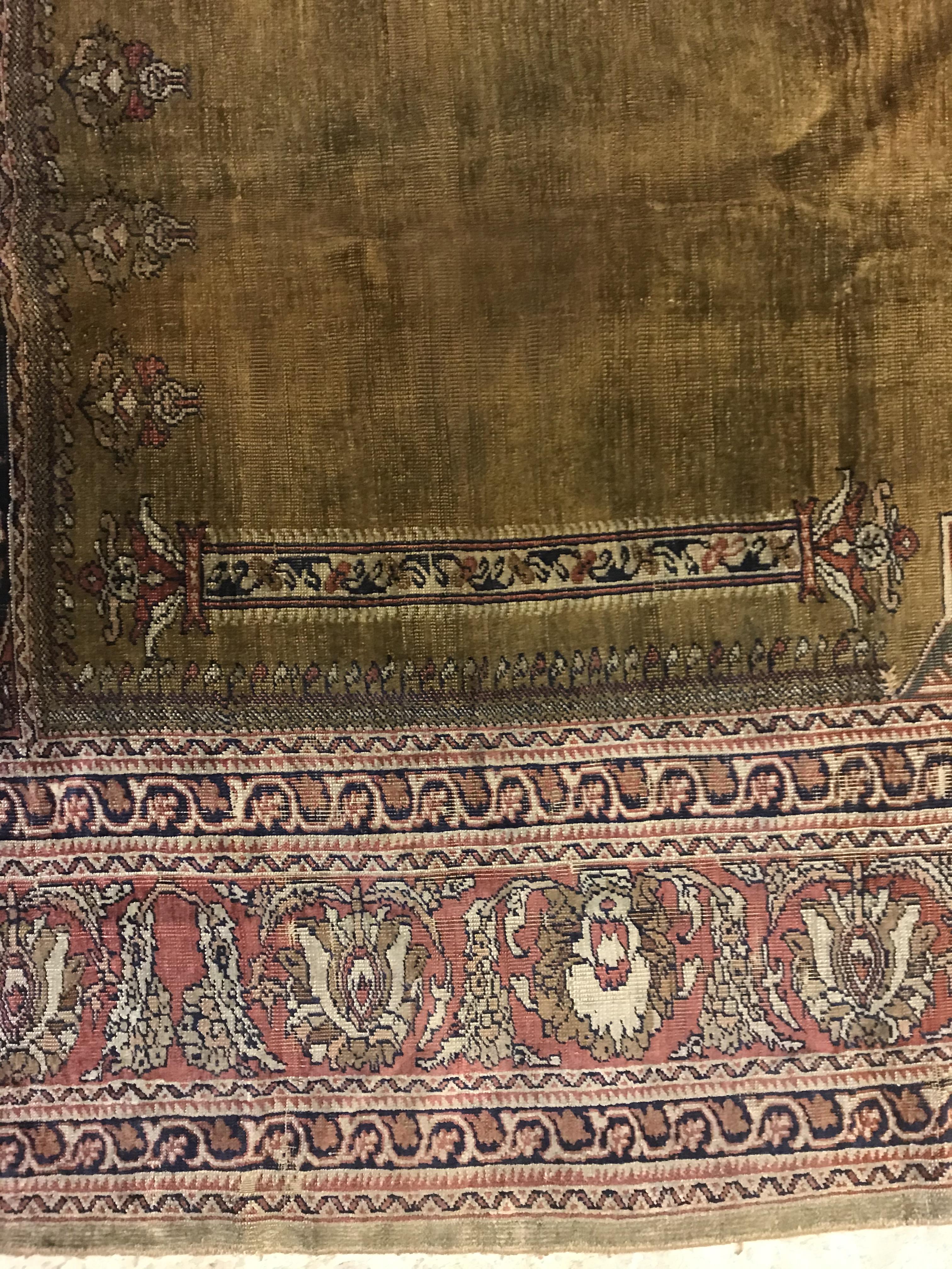 A late 19th Century Ghiordis, West Anatolia silk prayer rug with Mirhab design on a green ground, - Image 4 of 17