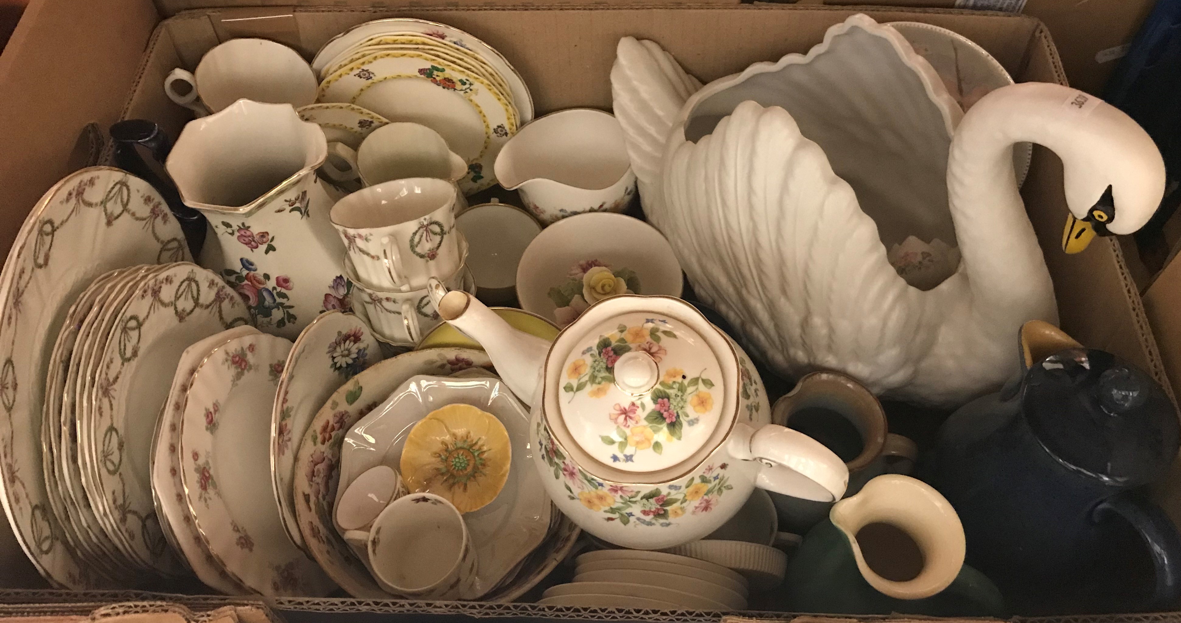 Four boxes of sundry decorative china wares to include a swan jardinier, various other jardiniers - Image 2 of 2