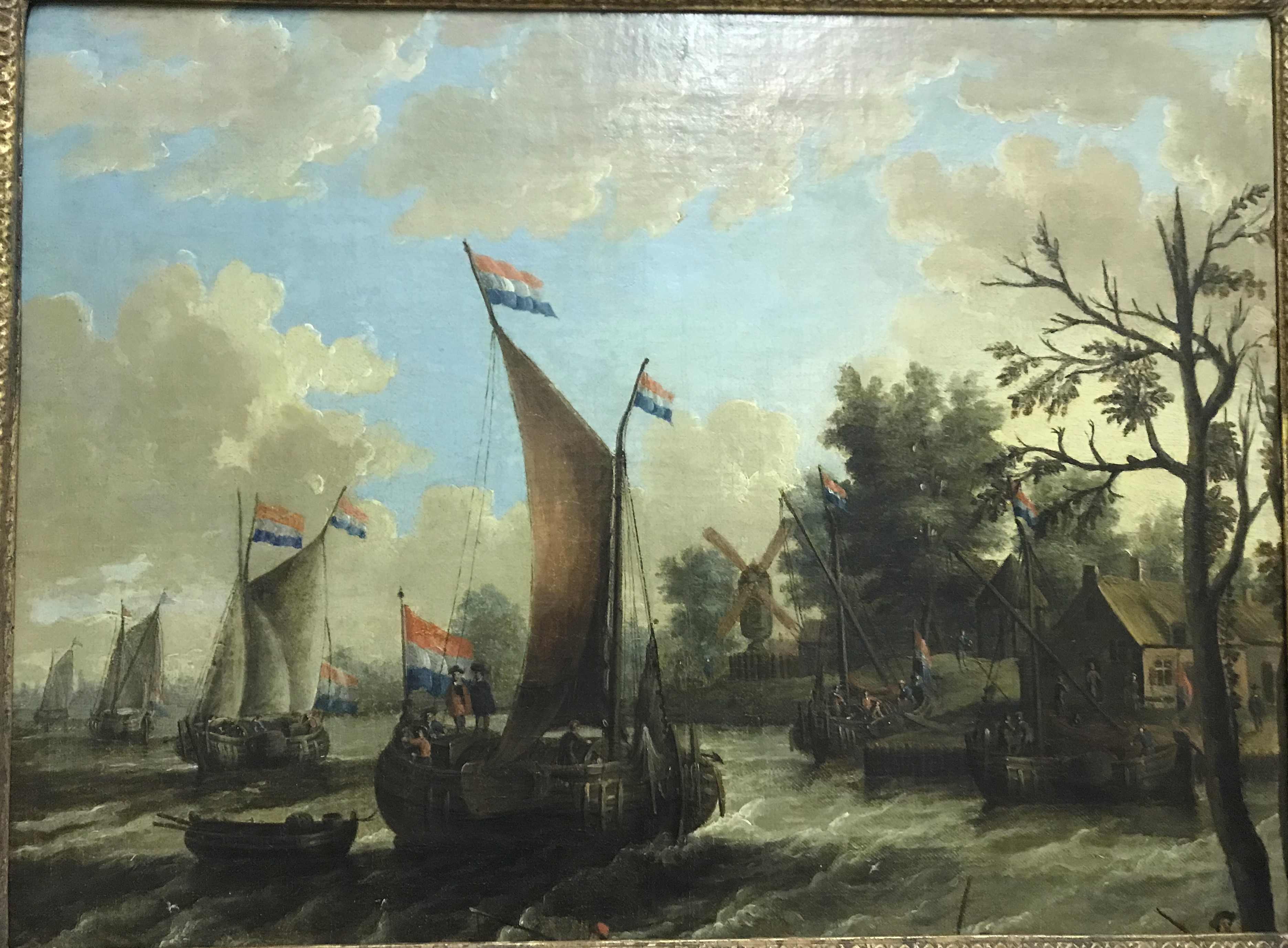SCHOOL OF ABRAHAM STORCK "A river scene with boats and figures", study of Dutch sailing vessels on a