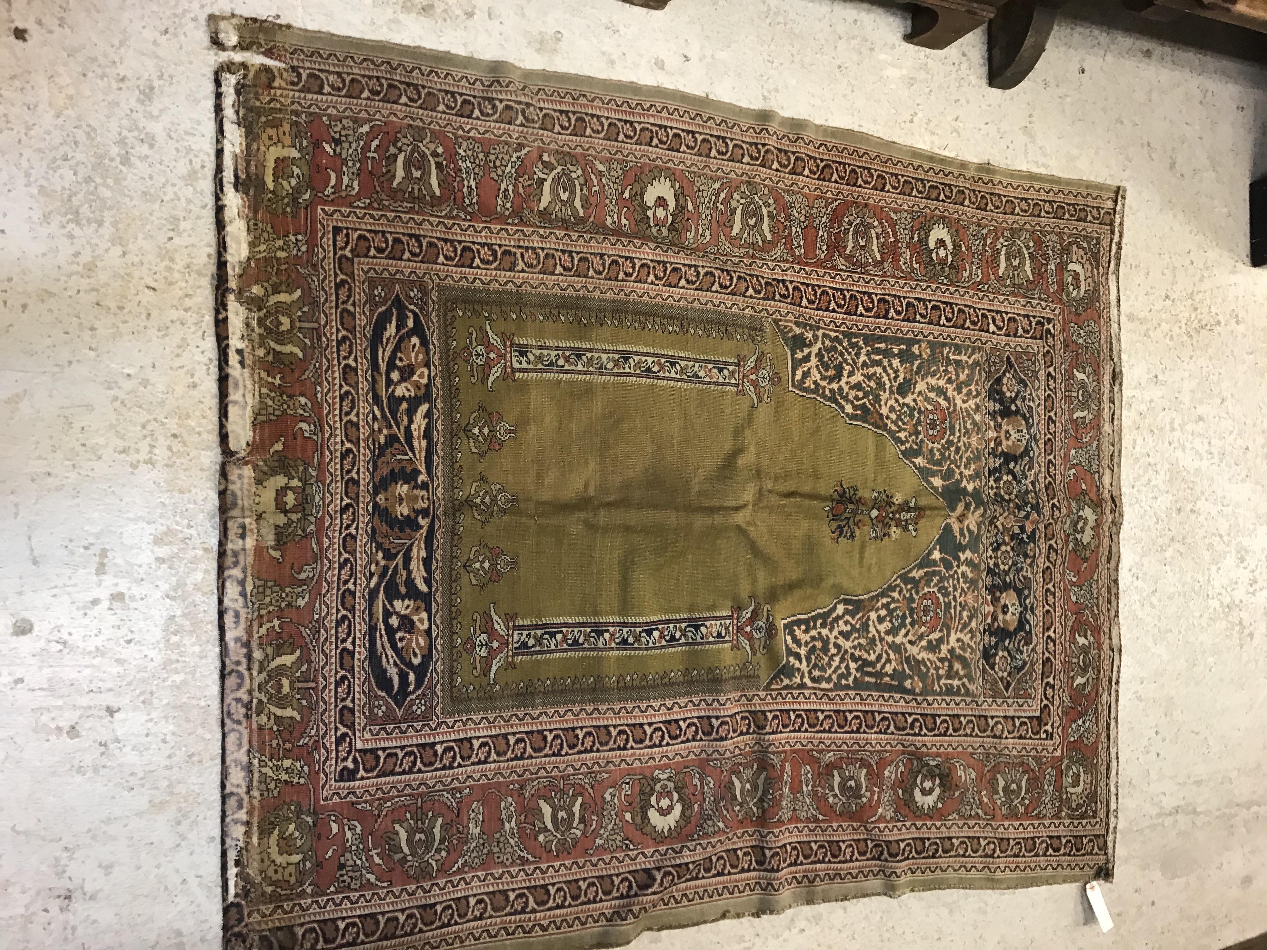 A late 19th Century Ghiordis, West Anatolia silk prayer rug with Mirhab design on a green ground, - Image 12 of 17