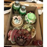 A box containing a pair of Loetz style milk glass vases with metal mounts, a Maling ginger jar and