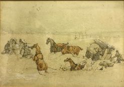 IN THE MANNER OF HENRY ALKEN “Stranded coach and horses in a snow storm”, watercolour heightened