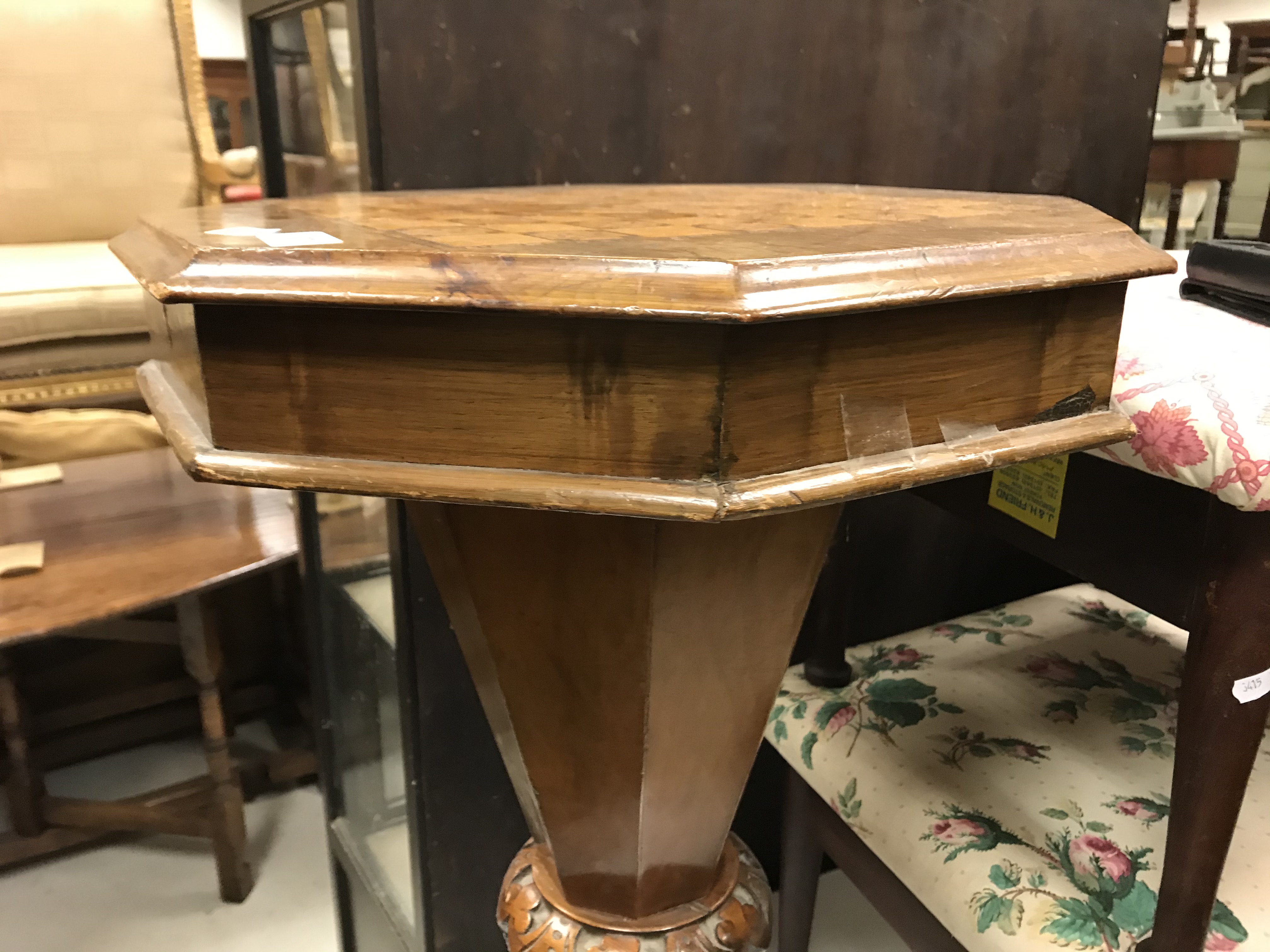 A Victorian walnut and parquetry games top trumpet-shaped work table, the rising top opening to - Image 23 of 28