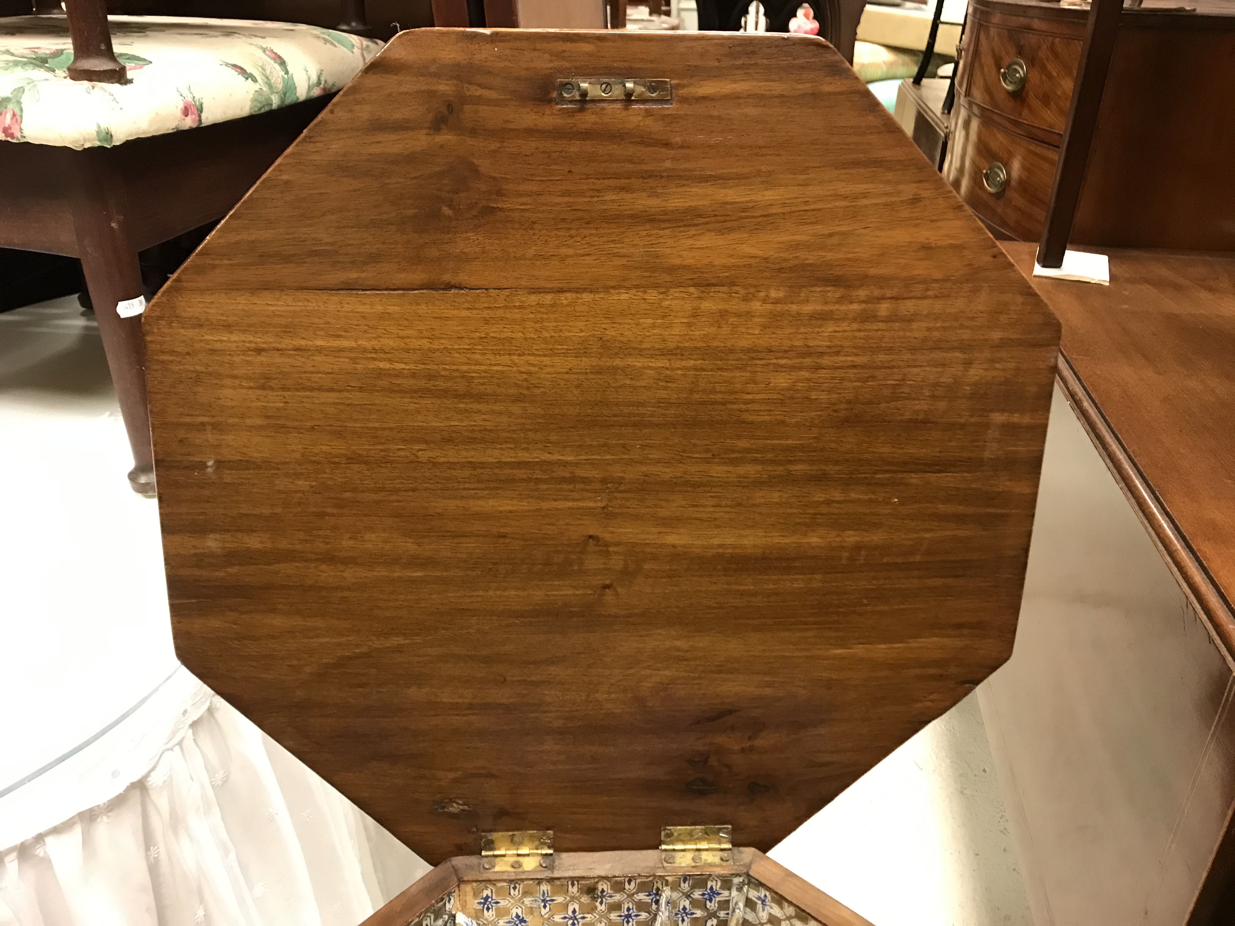A Victorian walnut and parquetry games top trumpet-shaped work table, the rising top opening to - Image 4 of 28