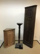 A Victorian pitch pine hanging corner cupboard with single fielded panelled door, 70 cm wide x 92 cm