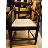 A 19th Century oak bar back carver chair, ebonised Victorian salon chair, pair of cane seated