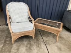 A modern cane conservatory suite comprising four armchairs and rectangular table, chairs approx 75