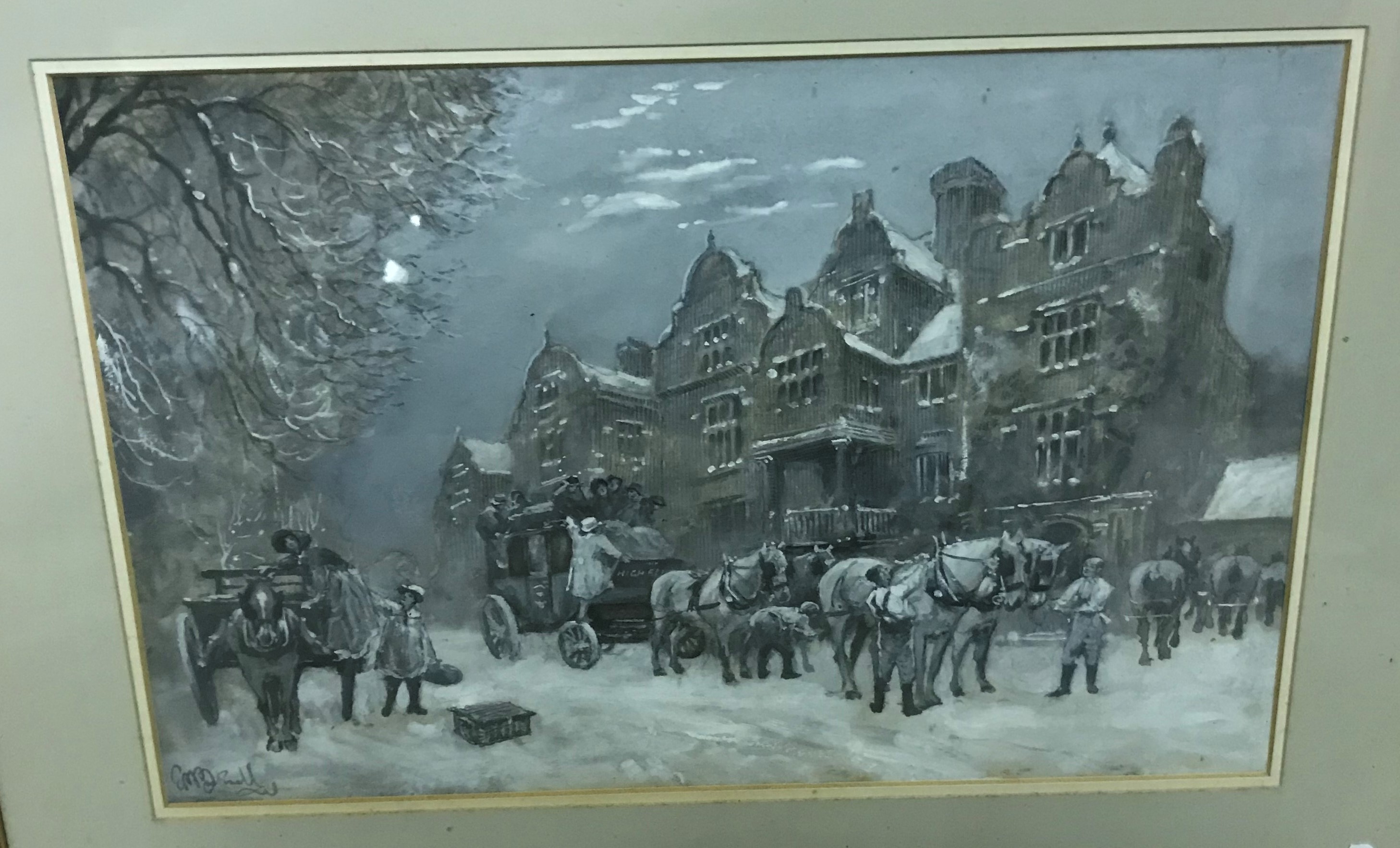 ERNEST PILE BUCKNELL "Winter coaching inn scene with horses and coaches in foreground",