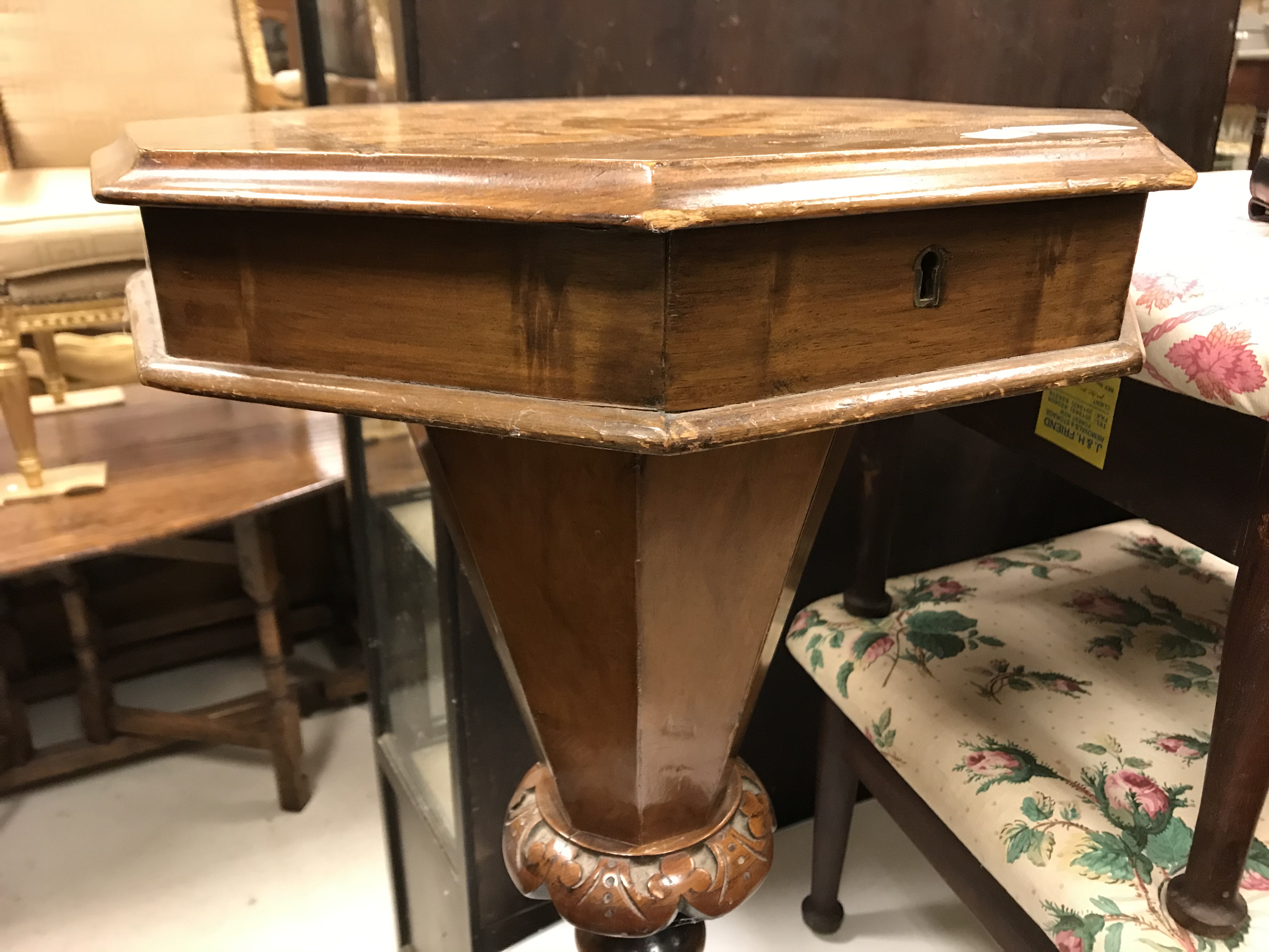 A Victorian walnut and parquetry games top trumpet-shaped work table, the rising top opening to - Image 9 of 28
