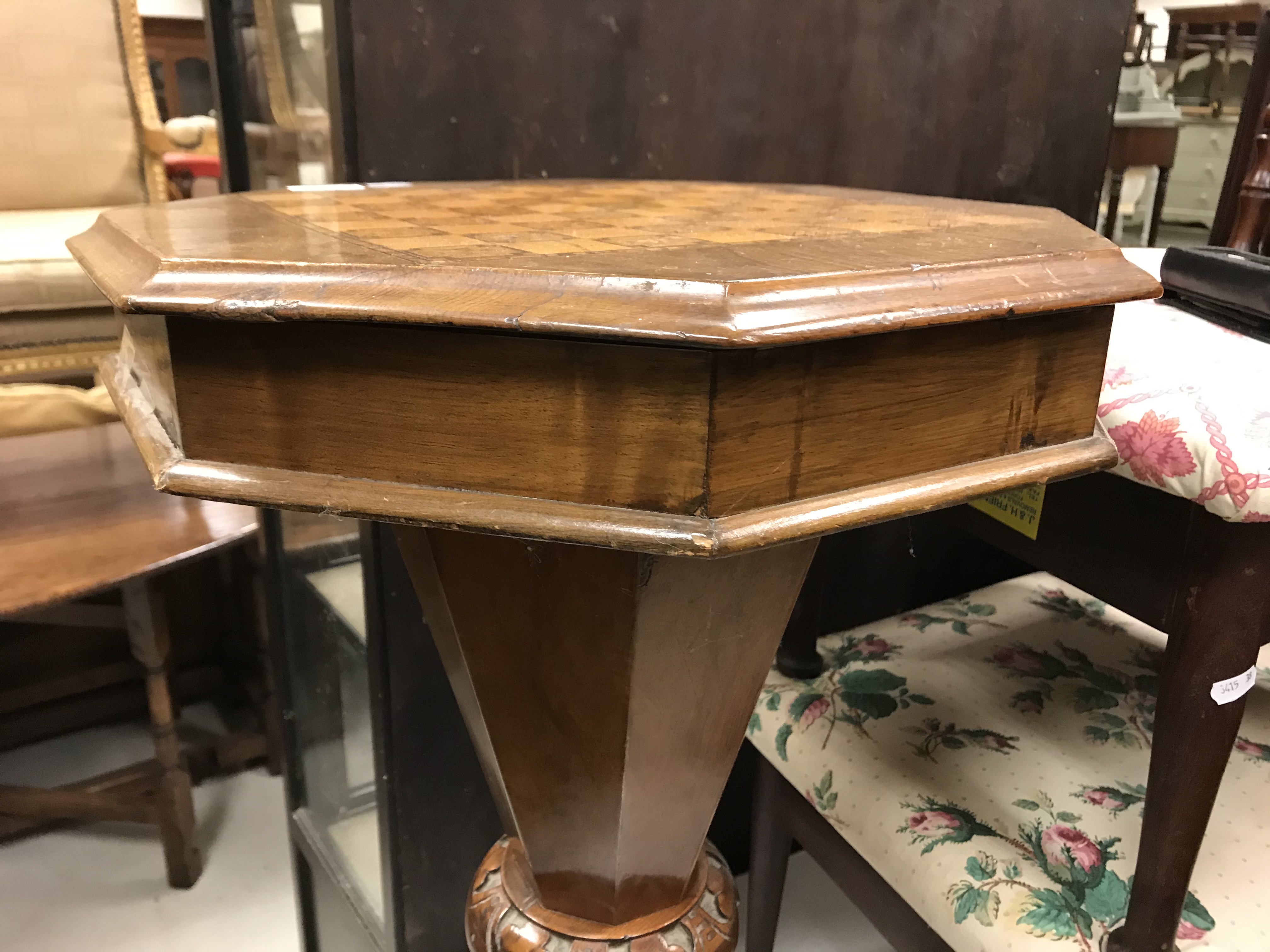 A Victorian walnut and parquetry games top trumpet-shaped work table, the rising top opening to - Image 18 of 28