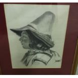 19TH CENTURY CONTINENTAL SCHOOL "Young man in hat", a portrait study, charcoal and pencil, head