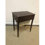 A mahogany work table, the plain top over a single end drawer and fabric covered work basket