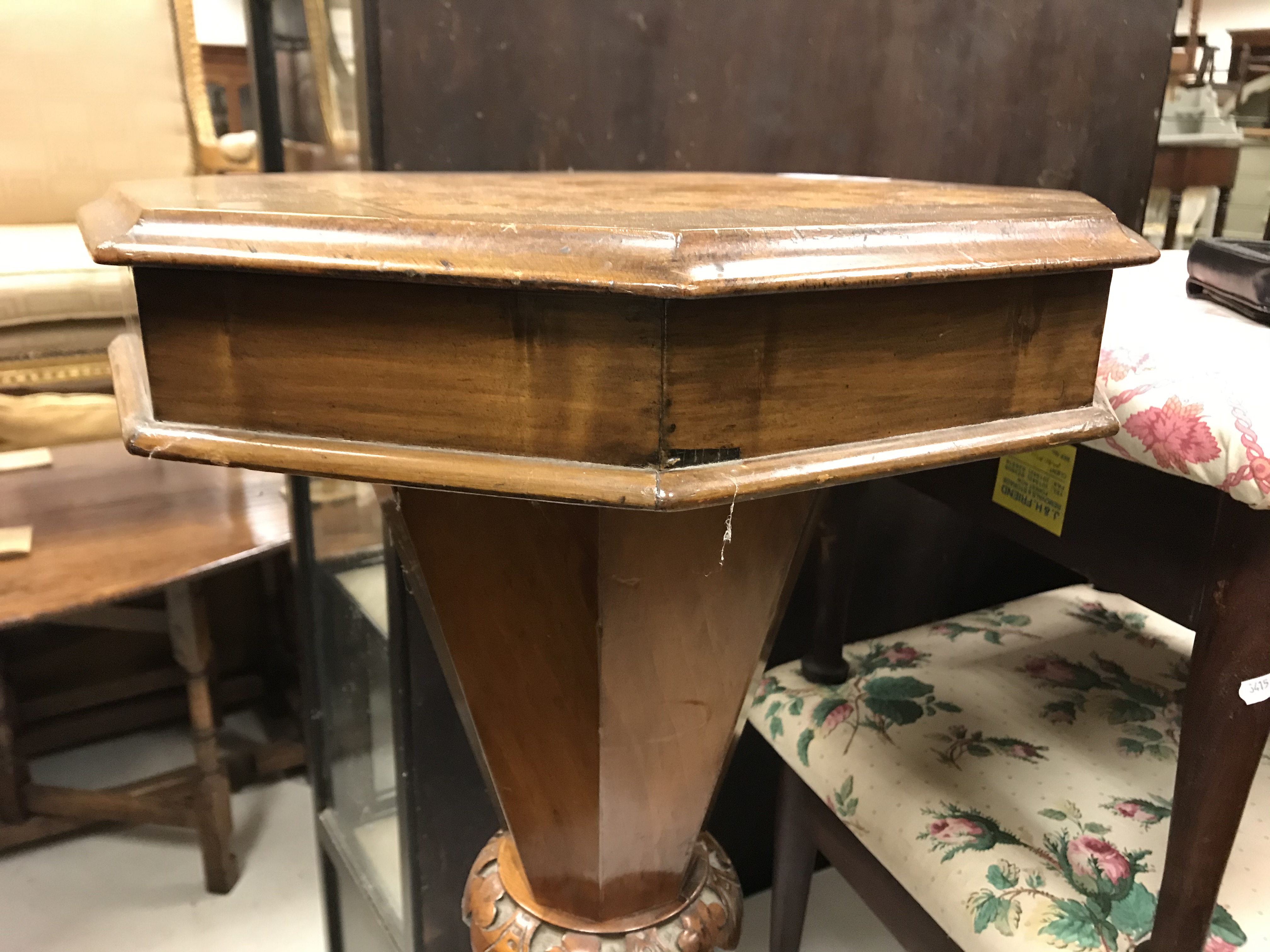 A Victorian walnut and parquetry games top trumpet-shaped work table, the rising top opening to - Image 13 of 28