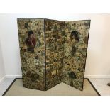 A Victorian three fold scrap screen, each panel decorated with various scraps in typical fashion,