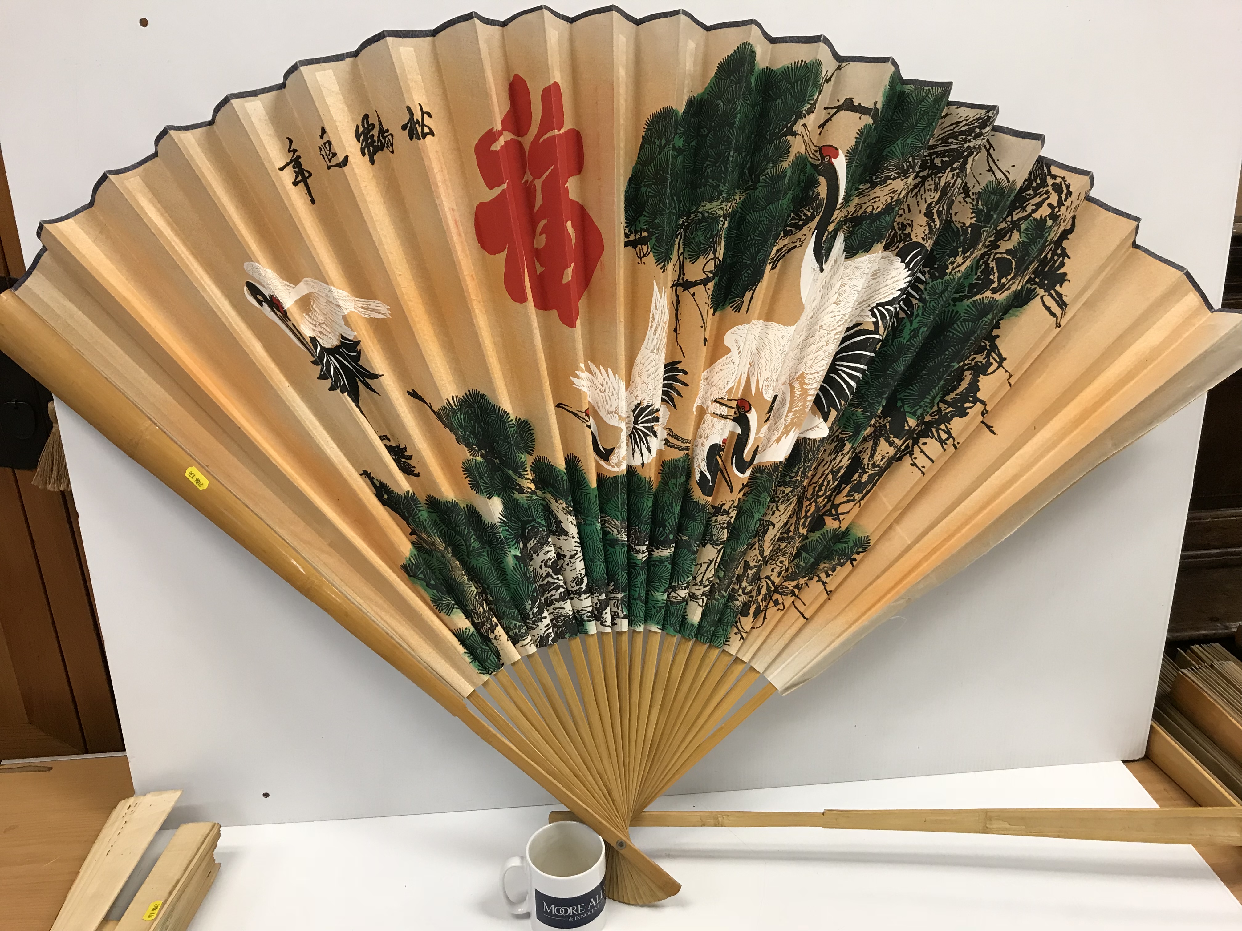 A collection of six modern Chinese printed fabric and bamboo fans of large proportions each - Image 6 of 15