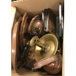 Three various copper kettles, monocular microscope and brass chamberstick, brass tray, copper