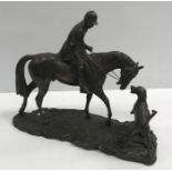 A cold cast bronze figure of "Huntsman on horseback with hound" AFTER A GEENTY, 33 cm long x 36.75