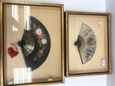 fA modern Japanese painted silk fan depicting figures and horse with script, together with a