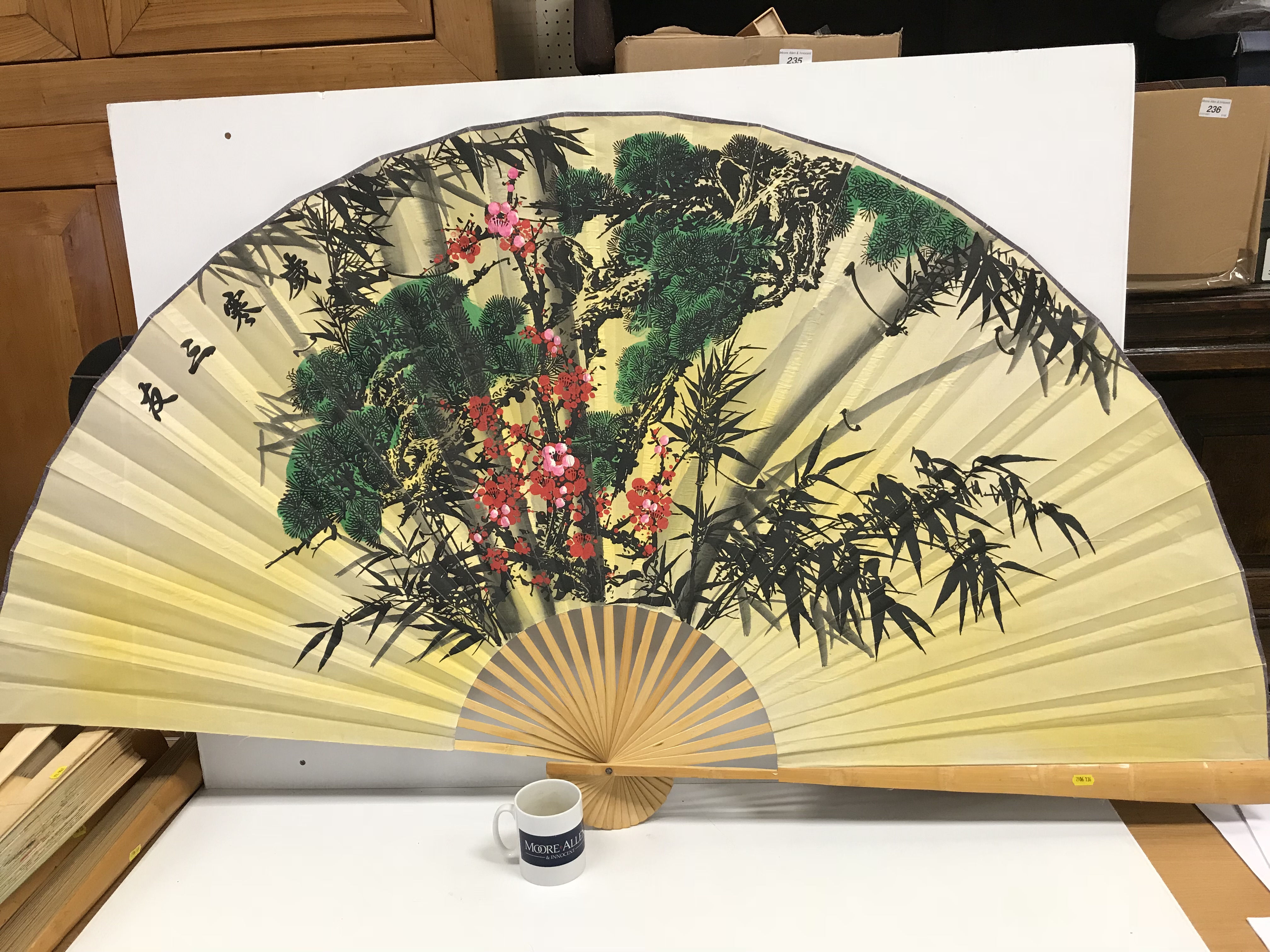 A collection of six modern Chinese printed fabric and bamboo fans of large proportions each - Image 2 of 15