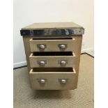 A modern metal bound wooden kitchen island / butcher's block with three drawers, 69.5 cm wide x 69