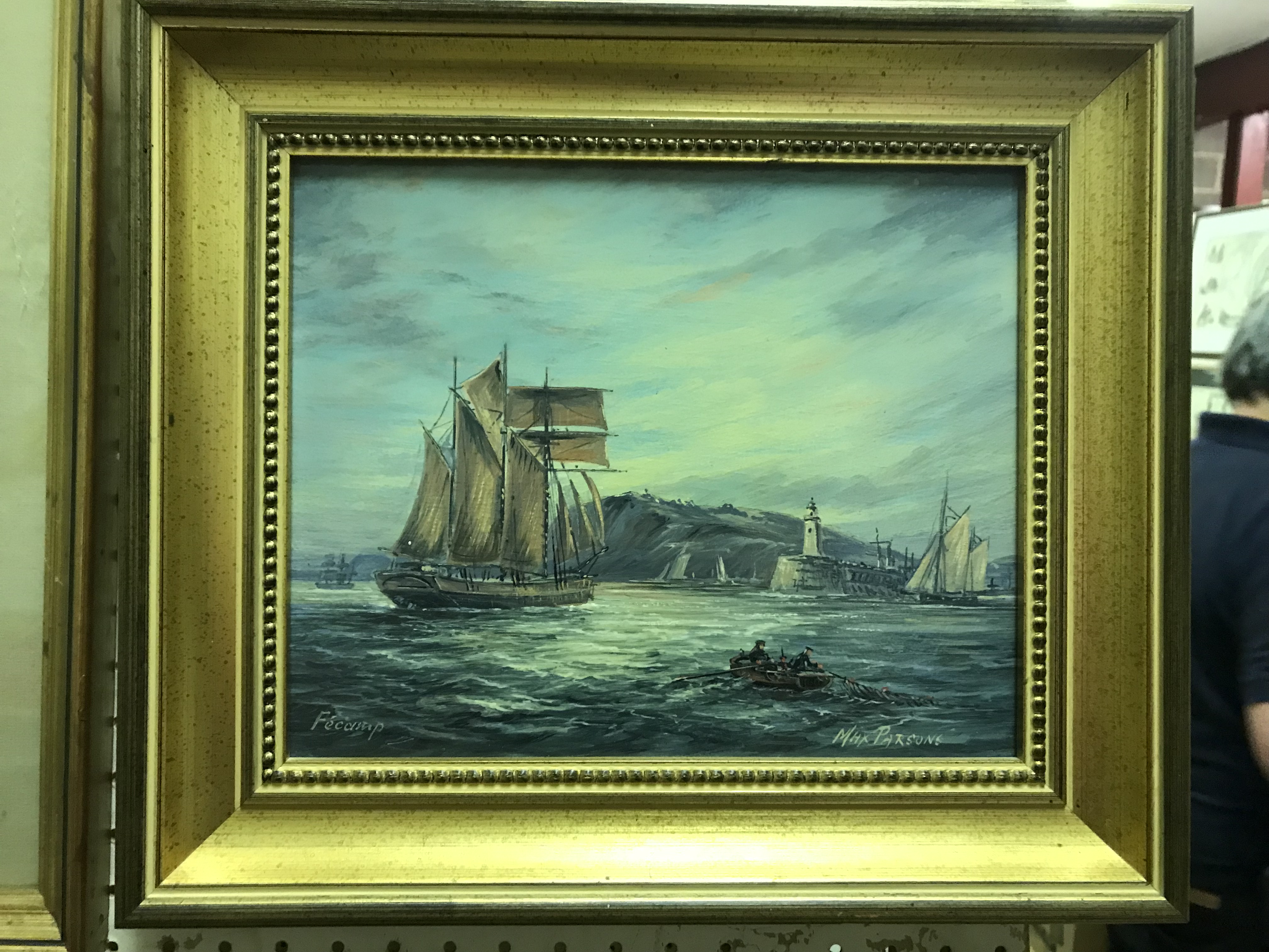 MAX PARSONS "Fecamp", study of a fishing boat with other sailing vessels by harbour mouth, oil on - Image 2 of 2