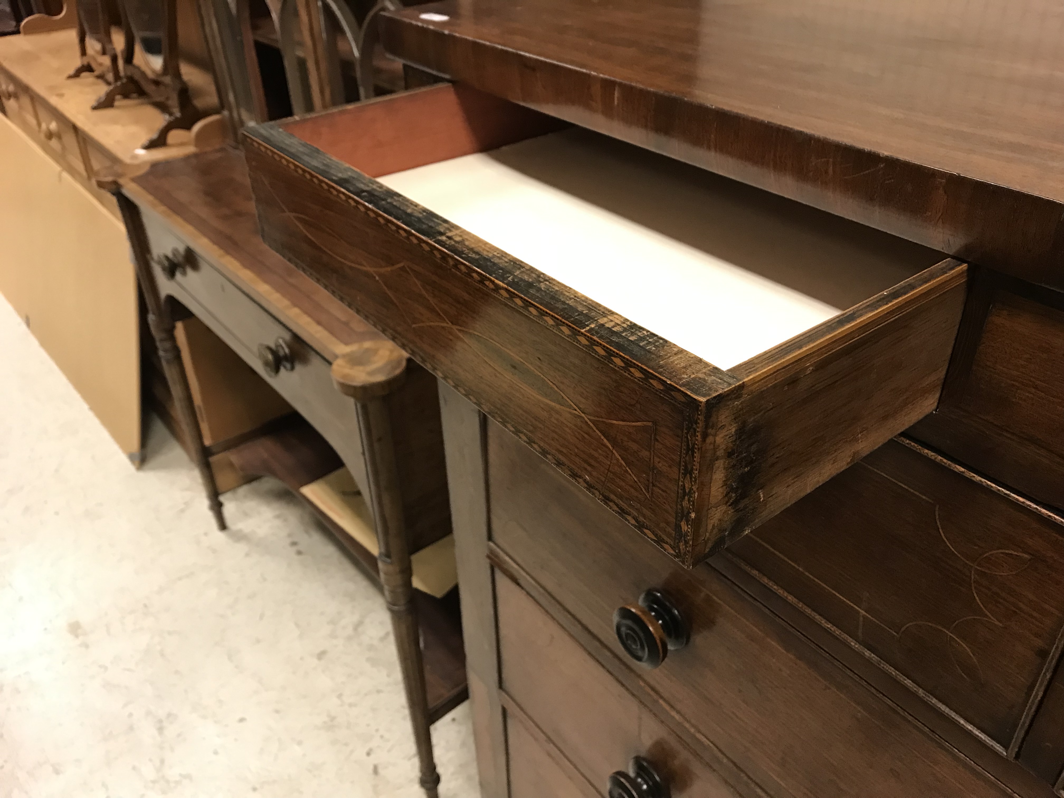 A 19th Century mahogany chest, the plain top above two secret drawers flanking a shell marquetry - Image 18 of 22