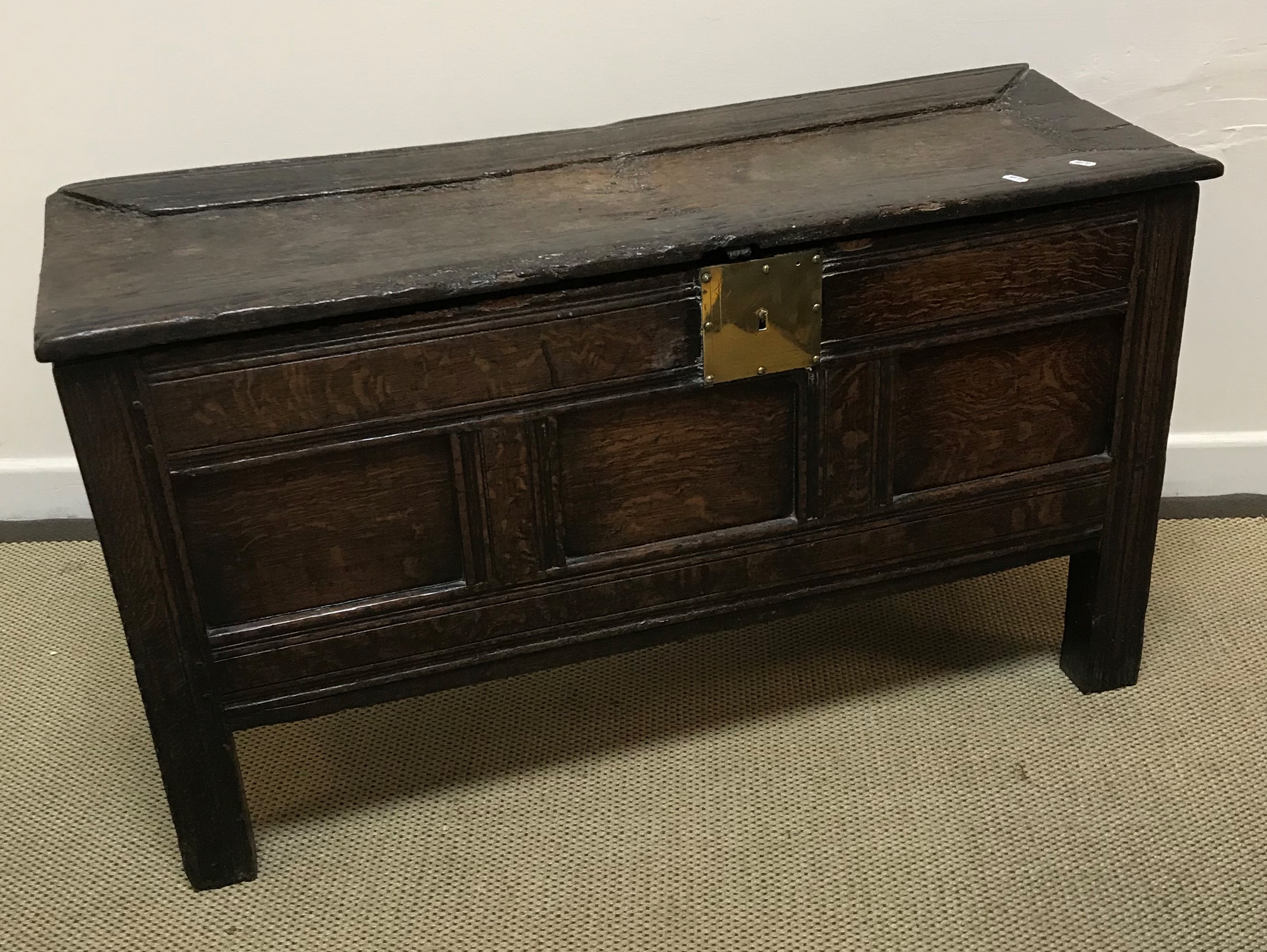 An 18th Century oak coffer, the single piece carved plank top over a three panel front with