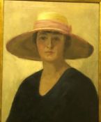 EARLY 20TH CENTURY ENGLISH SCHOOL "Woman in straw hat and blue dress", portrait study, head and