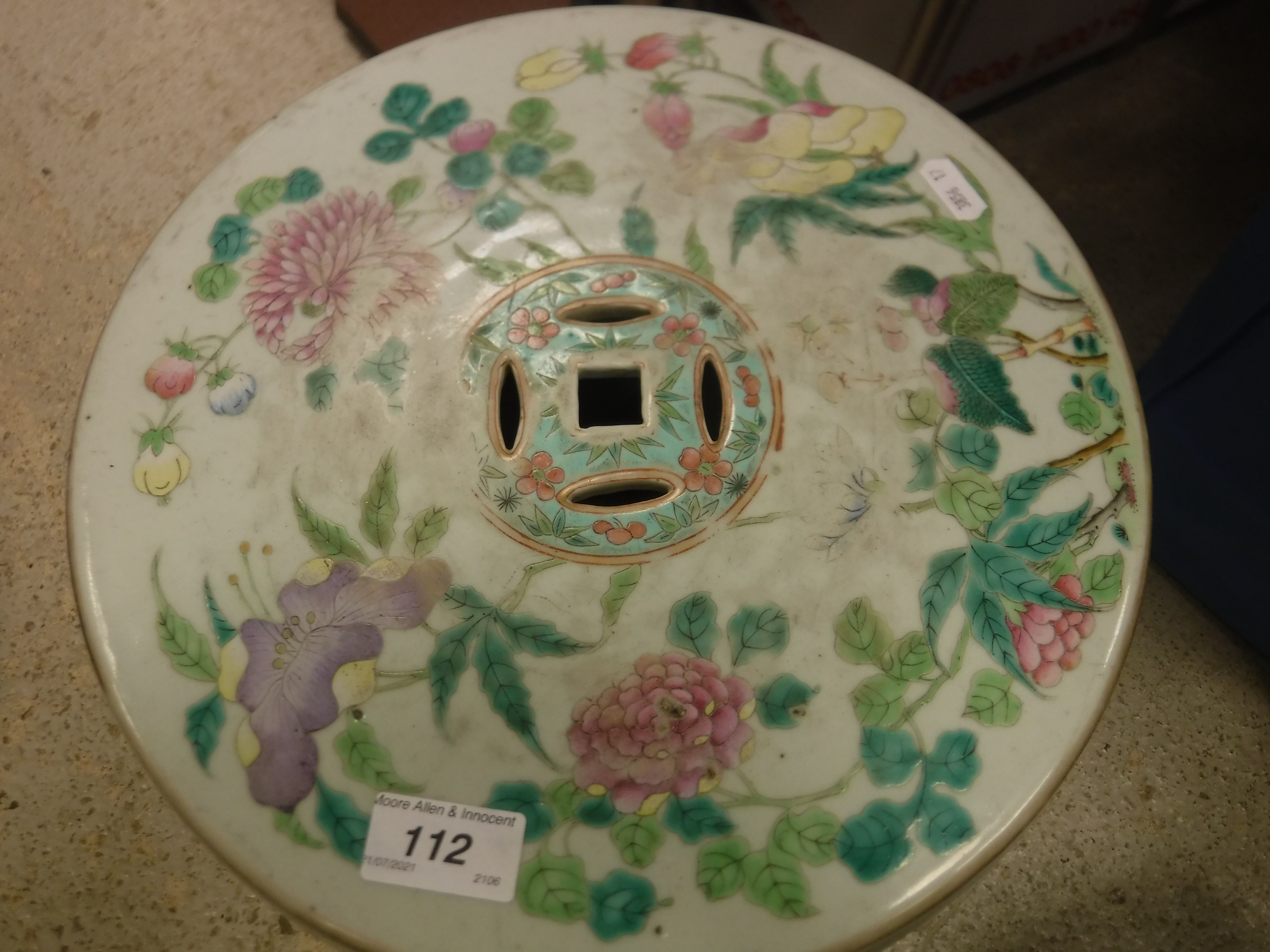 A 19th Century Chinese celadon glazed famile rose garden seat of barrel form, the top and sides with - Image 5 of 20
