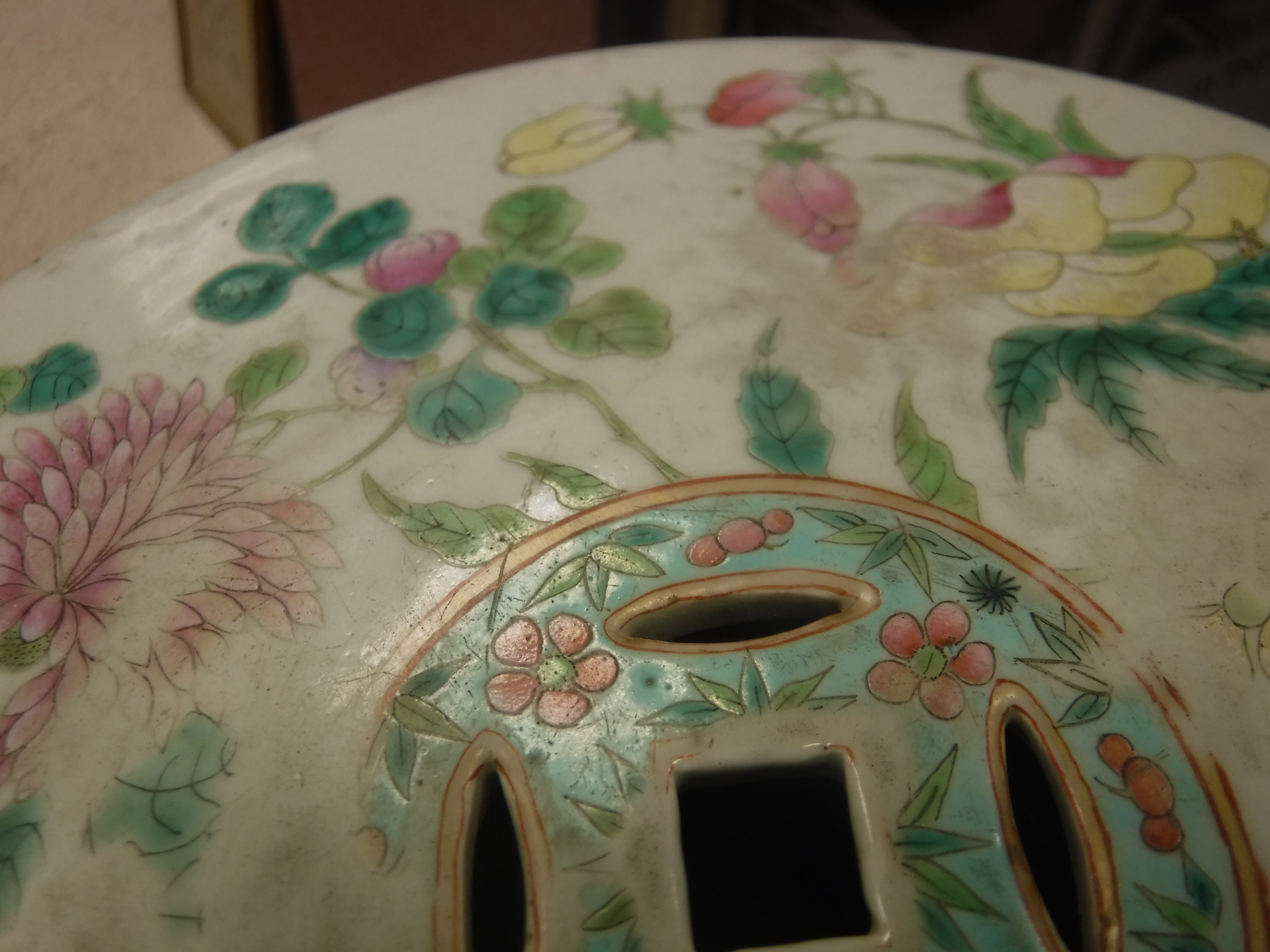 A 19th Century Chinese celadon glazed famile rose garden seat of barrel form, the top and sides with - Image 6 of 20