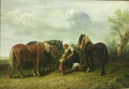 ENGLISH SCHOOL “Gypsy woman with child and horses on a roadway”, oil on board, unsigned, image