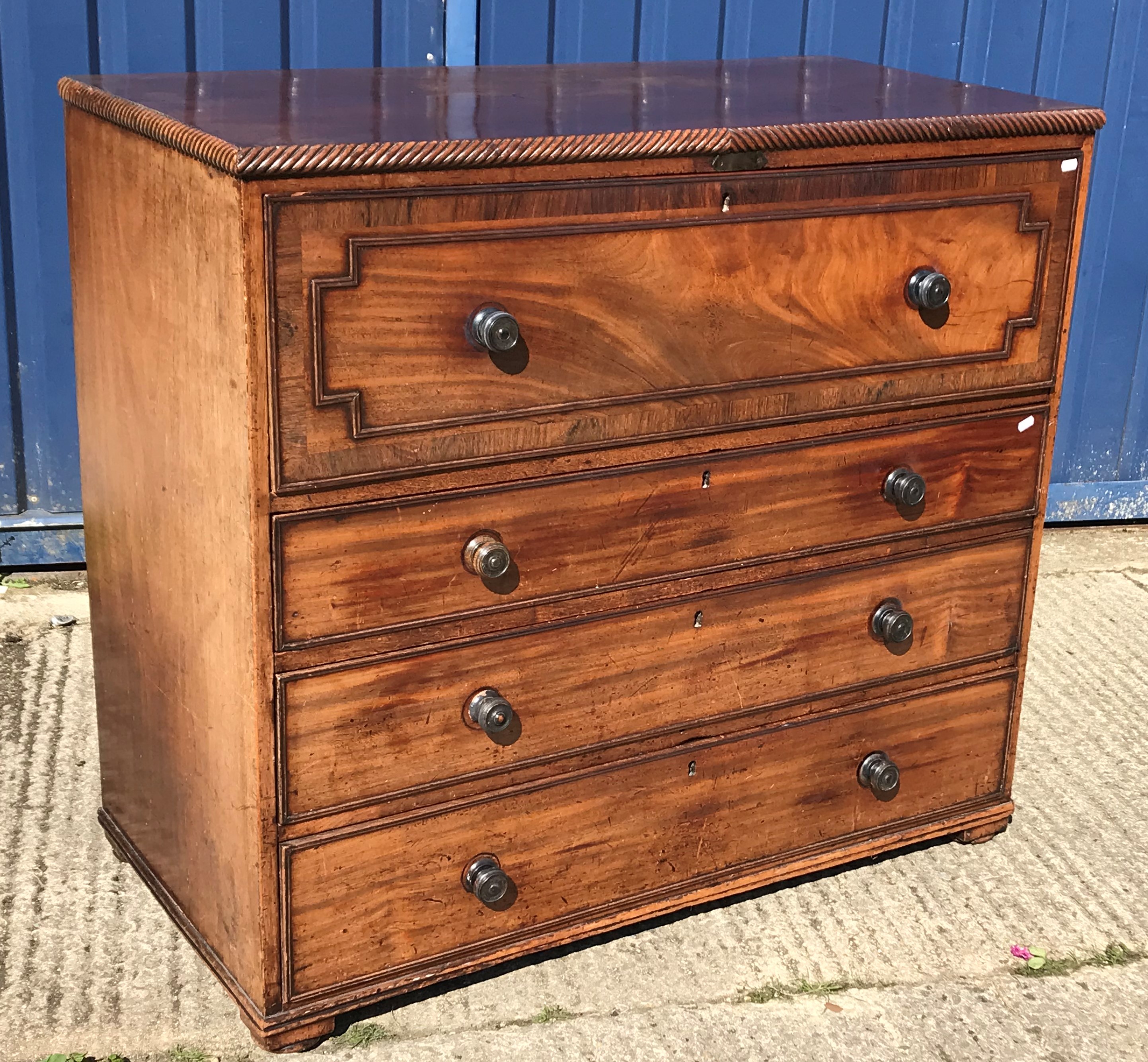 An early 19th Century mahogany and rosewood cross banded secretaire chest, the top with ropework - Image 3 of 3