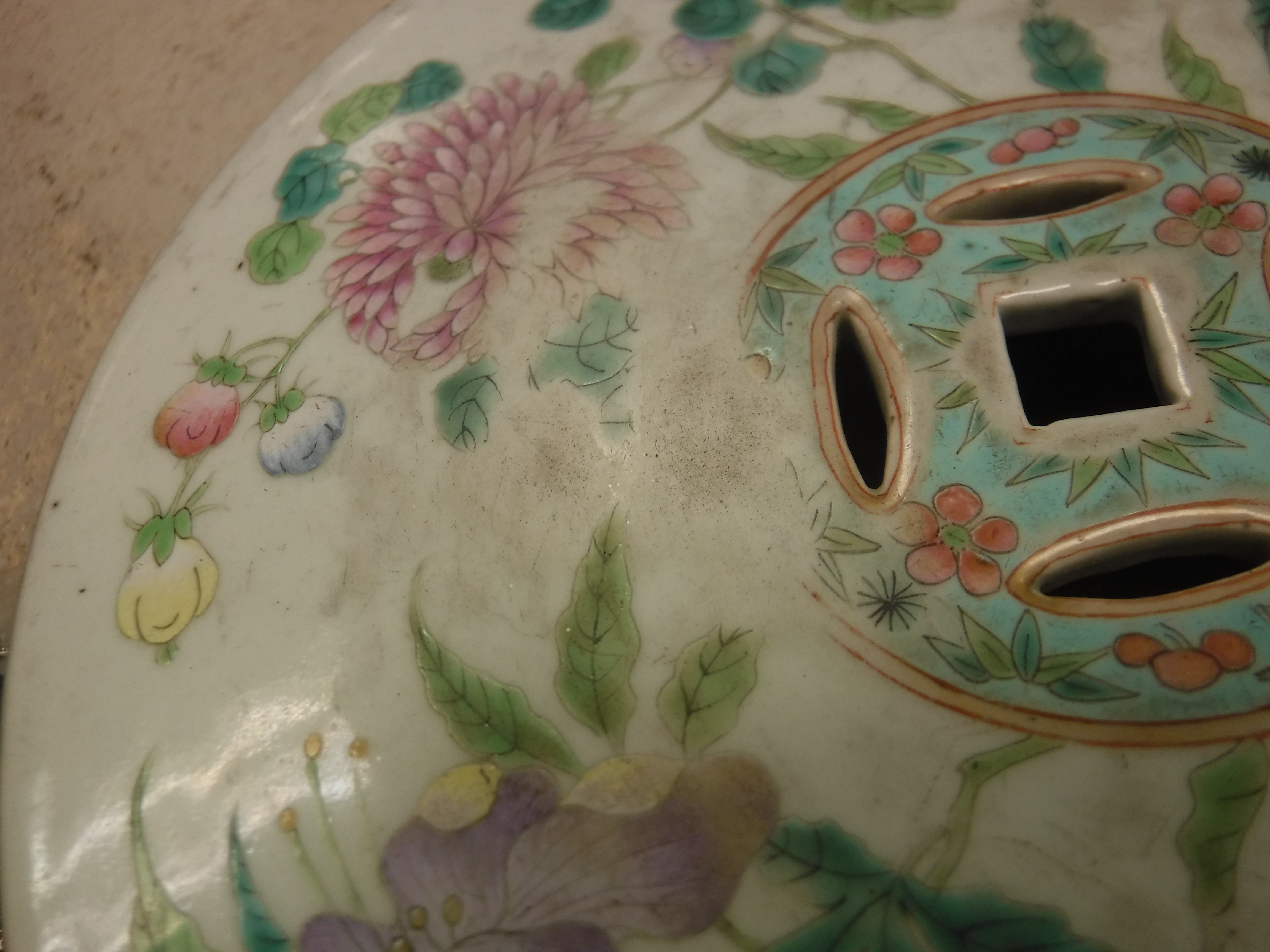 A 19th Century Chinese celadon glazed famile rose garden seat of barrel form, the top and sides with - Image 7 of 20