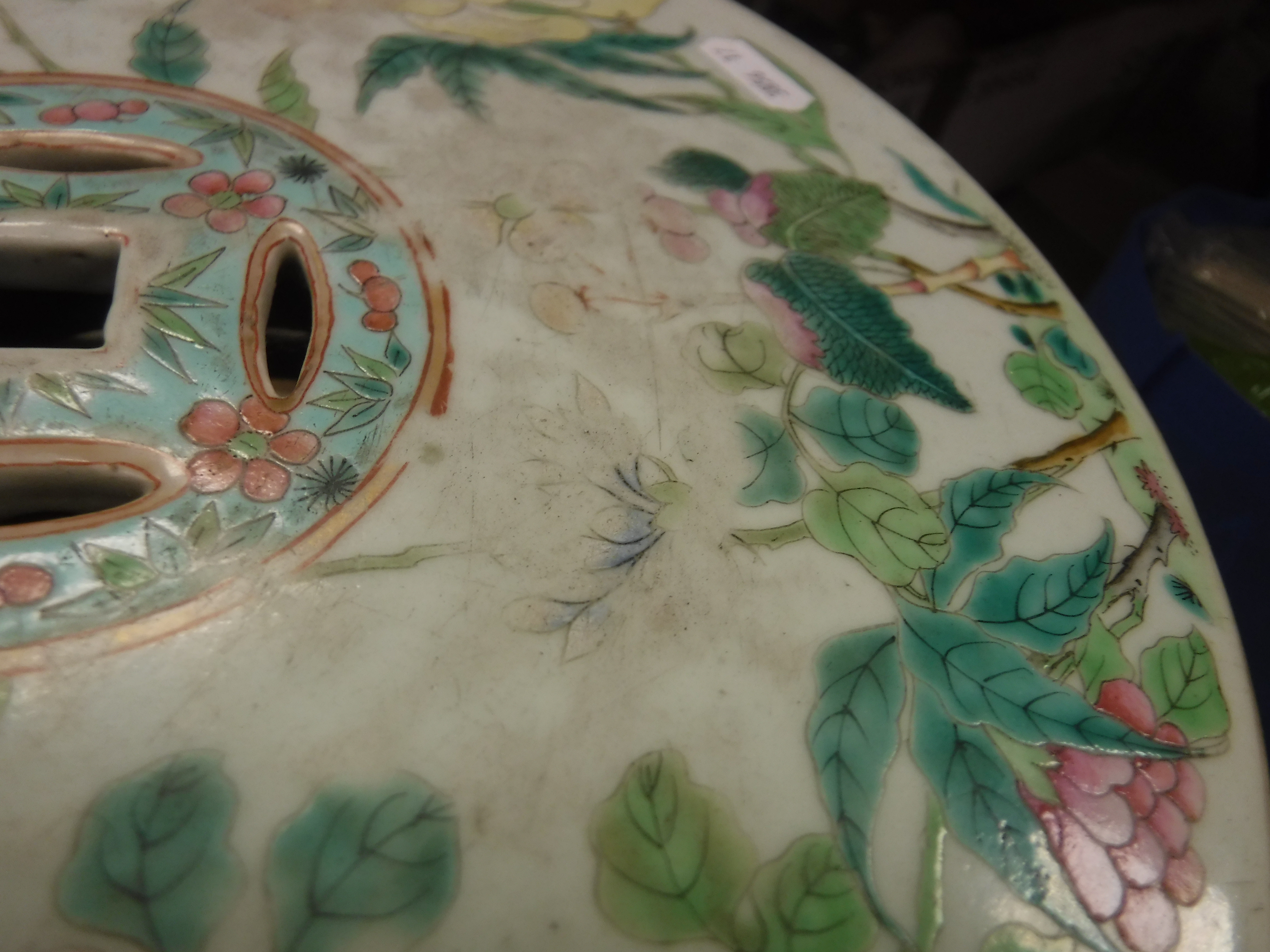 A 19th Century Chinese celadon glazed famile rose garden seat of barrel form, the top and sides with - Image 8 of 20