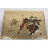 A collection of four Japanese wood block prints including AFTER ADACHI GINGKO "Archers on horseback"