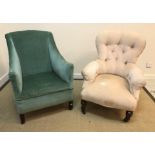 A Victorian buttoned upholstered scroll arm salon chair on turned front legs to castors and a