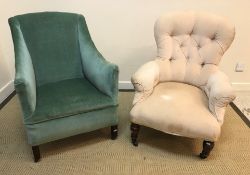 A Victorian buttoned upholstered scroll arm salon chair on turned front legs to castors and a