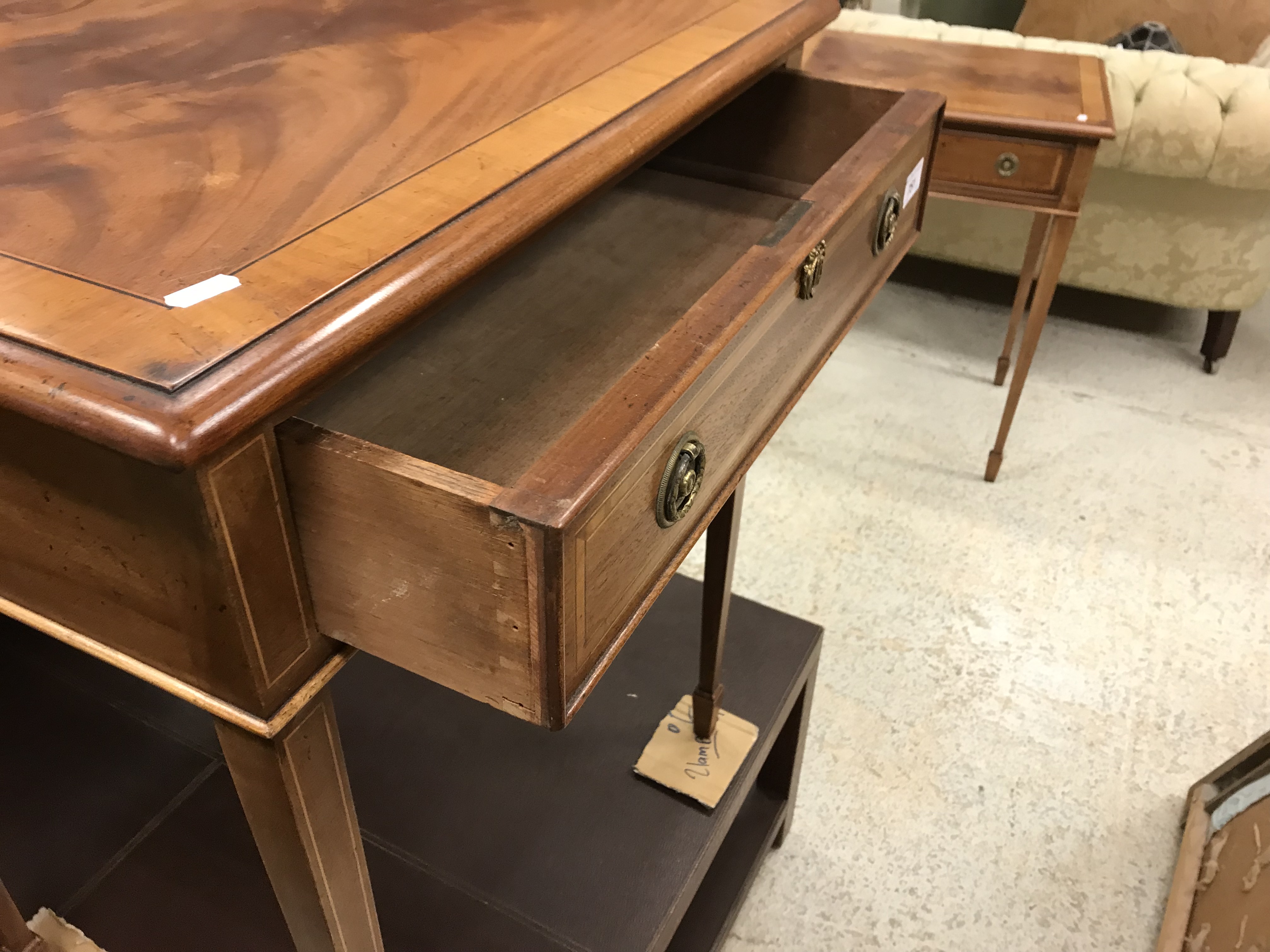 A pair of mahogany and inlaid lamp tables in the Regency taste, the cross-banded tops with moulded - Image 6 of 11