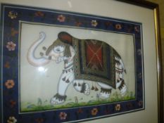 A box of assorted pictures and prints to include Indian gouache on silk "Images of elephants", AFTER