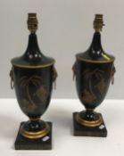 A pair of modern urn-shaped chinoiserie decorated table lamps in the tole ware manner, 42 cm high, a