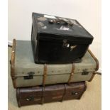 Two strapwork decorated cabin trunks, five various suitcases, two hat boxes and two leather and